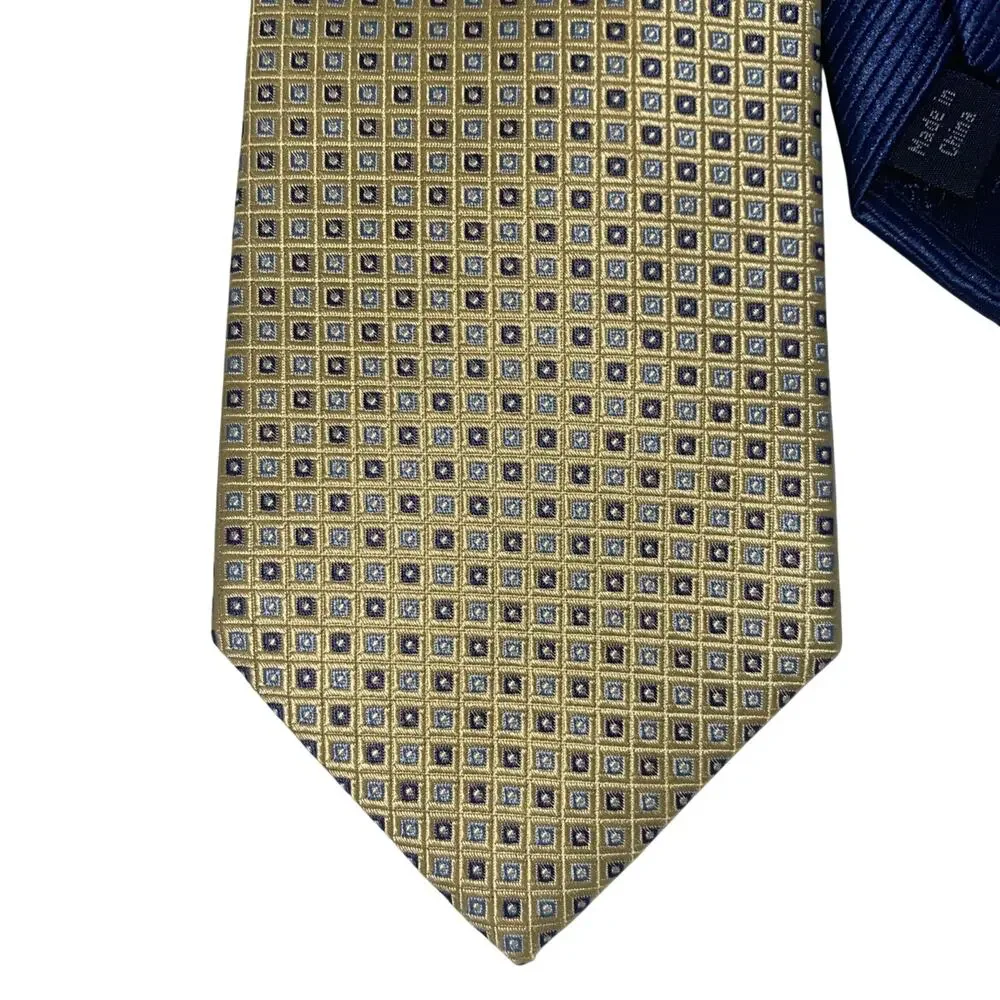Tommy Hilfiger Yellow With Blue Squares 100% Silk Necktie Tie Office Church